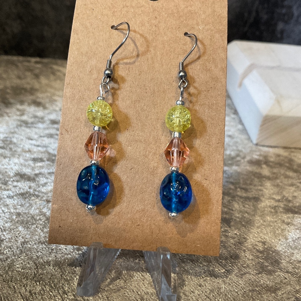 Blue, Pink and Yellow Beaded Glass Dangle Pierced Earrings